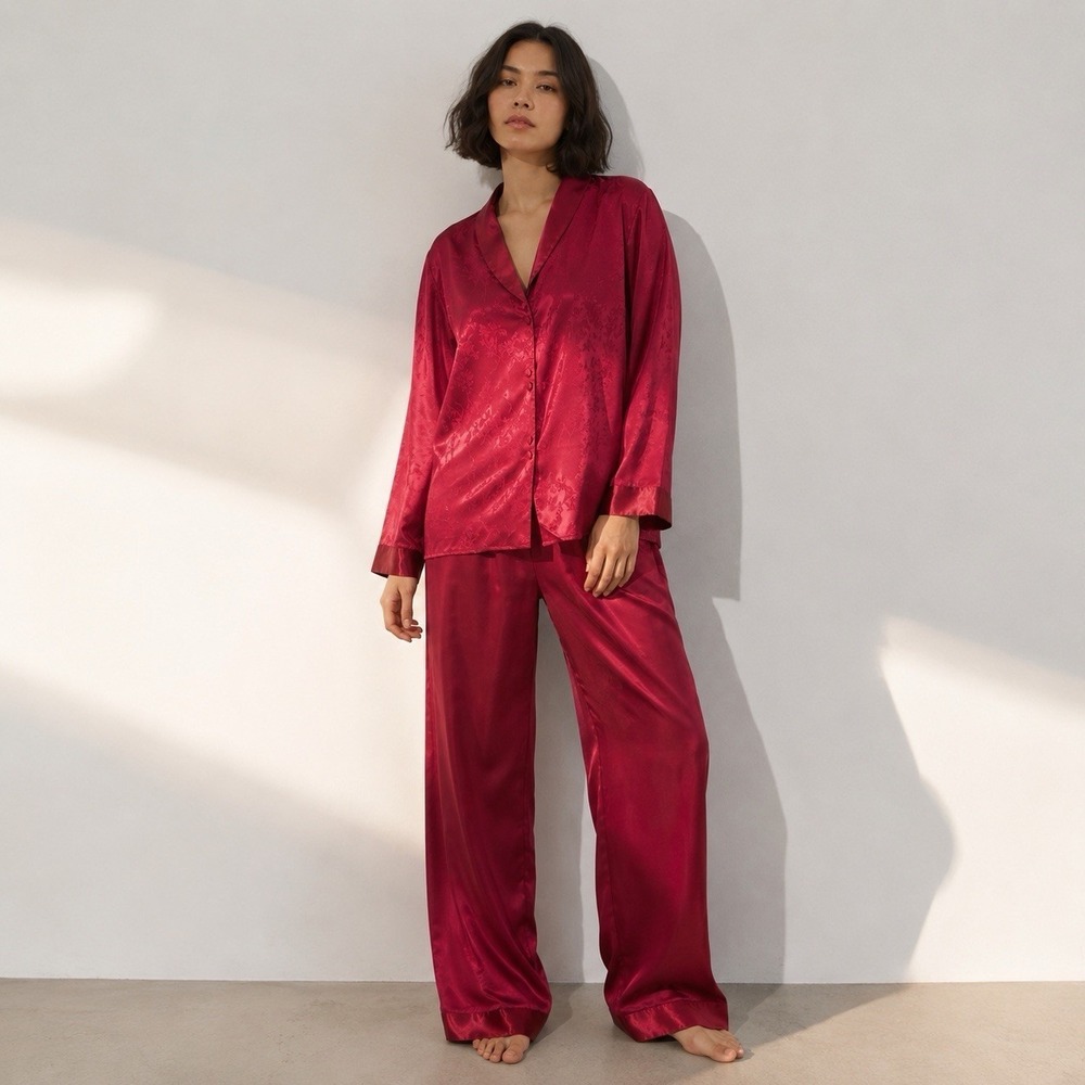 Vintage Hidden Fantasies 3X satin pajama set burgundy jacquard lounge sleepwear